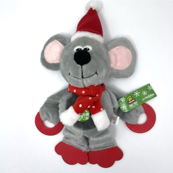 Top Paw Mouse Santa Teether Squeaky Toy Plush - Picture 4 of 7
